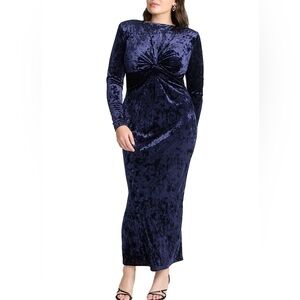 Eloquii Size 14 Navy Blue Velvet Elegant Draped Twist Knot Slit Maxi Dress NWT